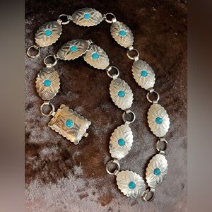 Vintage Native American Silver and Turquoise Concho Belt
